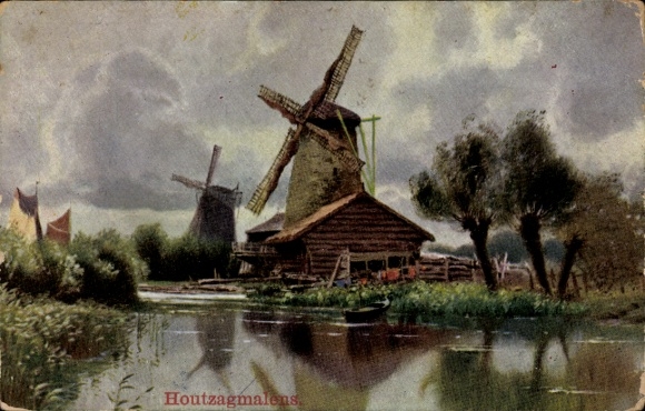 Postcard river landscape, windmills, rowing boat on the shore