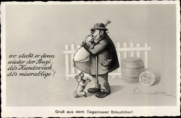 Artist PC Tegernsee in Upper Bavaria, Bräustüberl, man with a big belly is looking for his dog