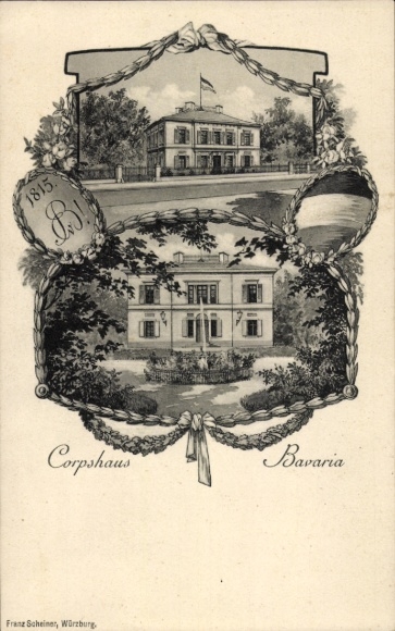 Studentika Postcard Würzburg, Corps Bavaria, Corps House, Coat of Arms