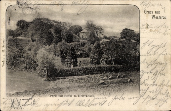 Postcard Westerau in Schleswig Holstein, park with school and manor house
