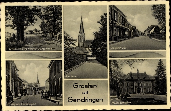 Postcard Gendringen Gelderland, Church, Main Street, Landfort House, Border Separation Holland Germany