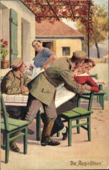 Artist Postcard The Requisition, soldiers with women in front of the tavern, kiss, always professional, I. WK