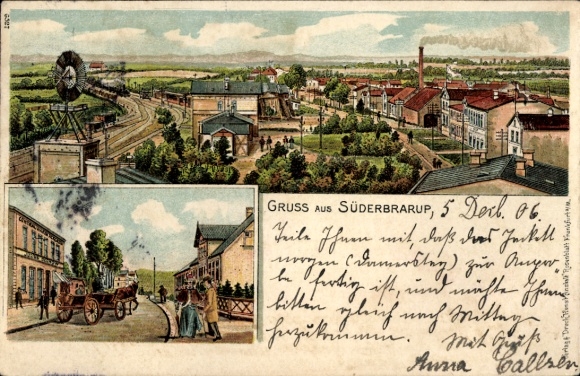 litho Süderbrarup in Sleeswijk-Holstein, totaalaanzicht, windturbine, straatgedeelte, treinstation