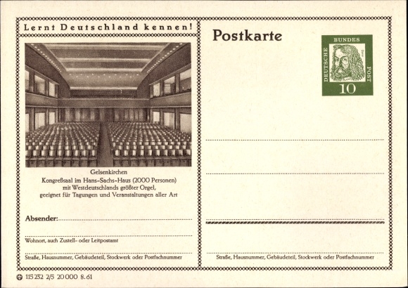 Postwaardestuk ansichtkaart Gelsenkirchen in het Ruhrgebied, Hans Sachs huis, binnenaanzicht, congreszaal