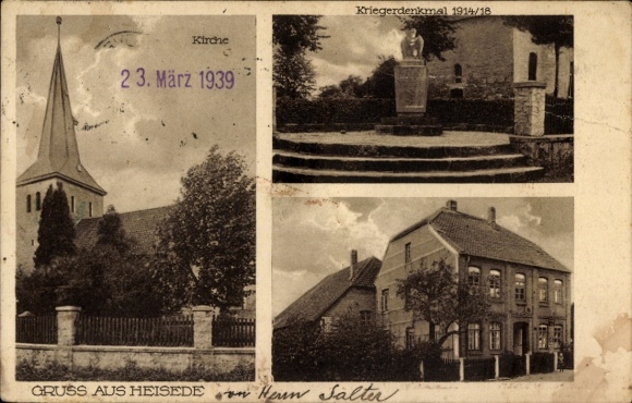 Postcard Heisede Sarstedt in Lower Saxony, church, war memorial 1914/18, partial view