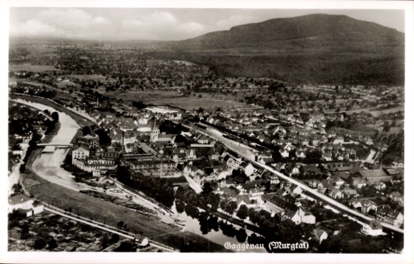 Postcard Gaggenau in the Murgtal Black Forest, aerial view of Murgtal, mountains in the background, river in the foreground