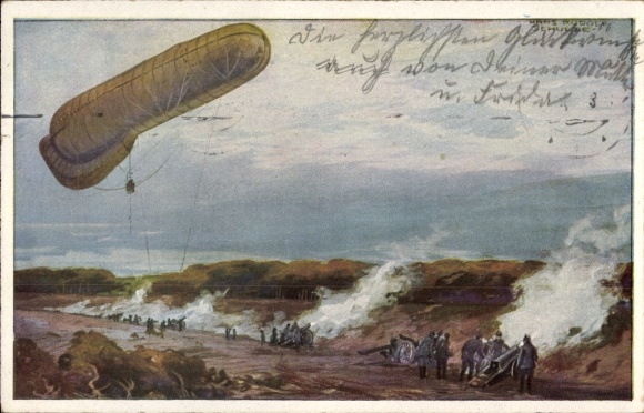 Artist Postcard Schulze, Hans Rudolf, Tethered Balloon of the German Air Fleet in World War I, Artillery