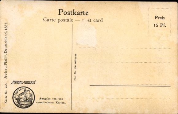 Artysta KP Rave, Chr., Marine Gallery 265, niemiecki okręt wojenny, Pfeil, Aviso, 1882