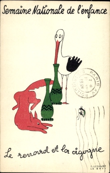 Postcard Semaine Nationale de l'enfance, stork, fox and insect