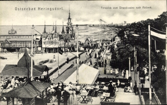 Postcard Ostseebad Heringsdorf on Usedom, view from the beach casino to Ahlbeck