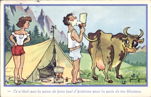 Artist Postcard Jean Brian, Couple camping, man uses a cow's tail as a shaving brush