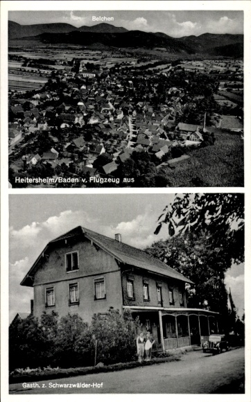 Postcard Heitersheim in the Black Forest, aerial photograph, Gasthaus zum Schwarzwälder Hof