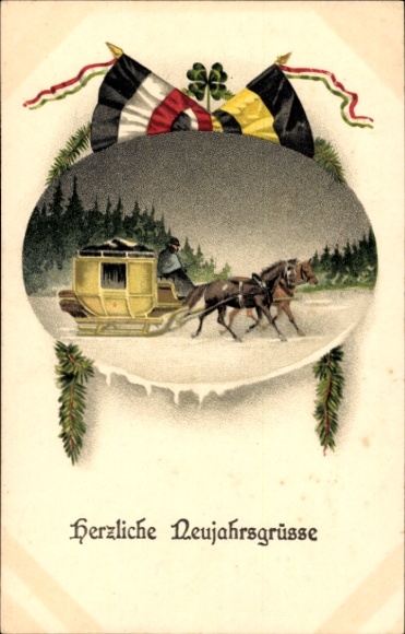 Happy New Year, horse-drawn sleigh