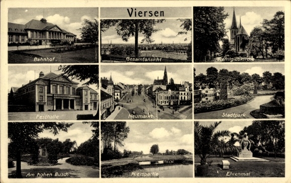 Ak Viersen in Nordrhein Westfalen, Totale, Bahnhof, Festhalle, Ehrenmal, Kirche
