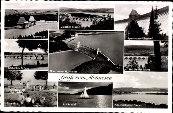 Ak Möhnesee in Westfalen, Sperrmauer, Körbecker Brücke, Strandbad, Stockumer Damm, Segelboot