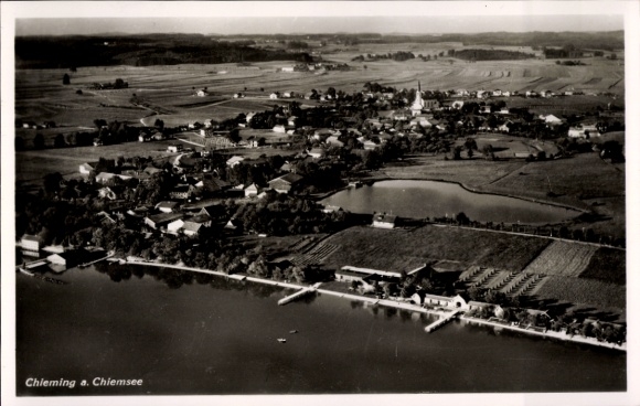 Postcard Chieming am Chiemsee Upper Bavaria, landscape photo of Chieming, Chiemsee, water, houses, K