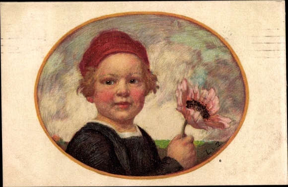 Artist PC Zumbusch, Ludwig von, Bavarian flower day 1913, boy with poppies