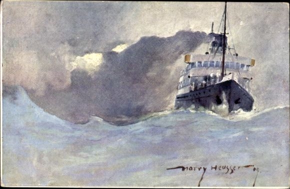 Artist Postcard Heusser, Harry, Steamer in the Storm, Austrian Lloyd
