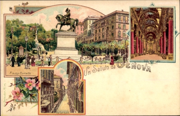 Litho Genova Genua Liguria, Piazza Corvette, Monument, Straßenpartie, Inneres der Kirche