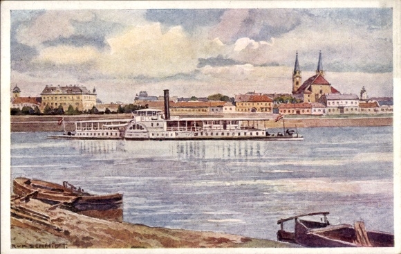 Kunstenaar Ak Schmidt, R., Komarom Komorn Hongarije, Donau-gedeelte, salonstoomboot