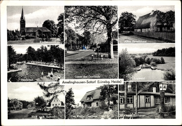 Postcard Amelinghausen Sottorf Lüneburg in Lower Saxony, Heidebad, church, youth hostel