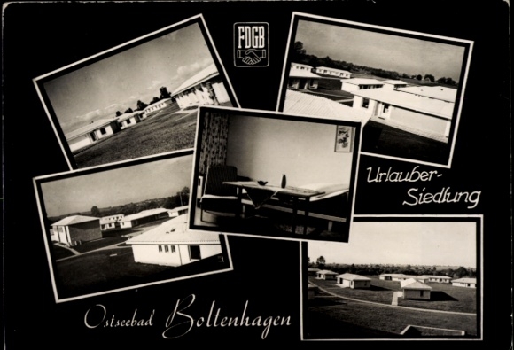 Ak Ostseebad Boltenhagen, Mehrere schwarz-weiße Fotos der Urlaubersiedlung, Text: Urlauber-Sie...