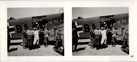 Stereo spatial image photo flying and winning No. 67, Junkers Ju 52 with wounded paratroopers