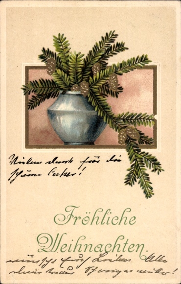 Embossed PC Merry Christmas, vase with fir branches