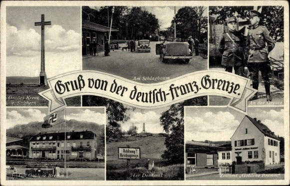 Postcard Saarbrücken, Goldene Bremm, German French border, barrier, Spicherer height, monument