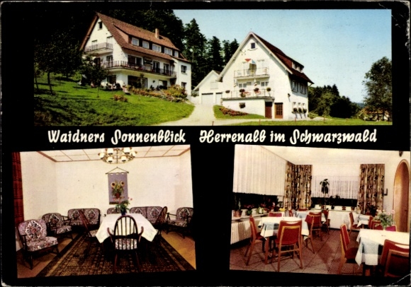 Postcard Bad Herrenalb in the Black Forest, Waidners Sonnenblick, hotel view, interiors, Black Forest