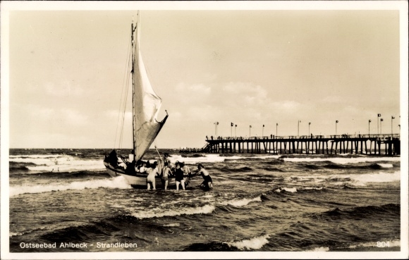 Postcard Ostseebad Ahlbeck Heringsdorf on Usedom, beach, sailing boat, pier