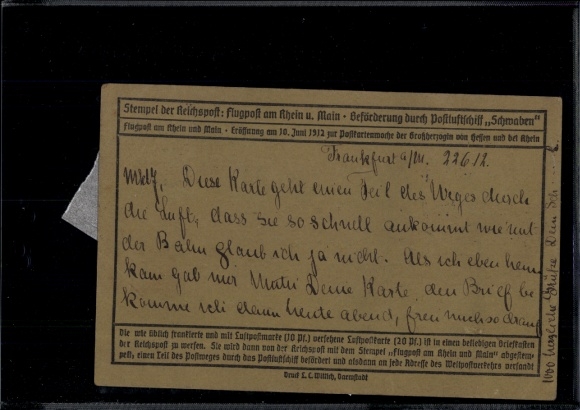 Postcard airmail PC, transport by postal airship Schwaben, airmail on the Rhine and Main