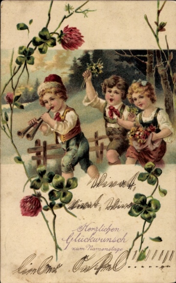 Postcard Altfriedstein Niederlößnitz Radebeul, 3 children with flowers and wind instruments in front of a fence