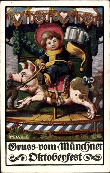 Artist PC Luber, Max, Munich Bavaria, Oktoberfest, Munich Kindl on a carousel, pig