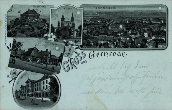 Maanlichtlitho Gernrode Quedlinburg in het Harzgebergte, Stubenberg, kerk, algemeen uitzicht, Haus Hagenthal