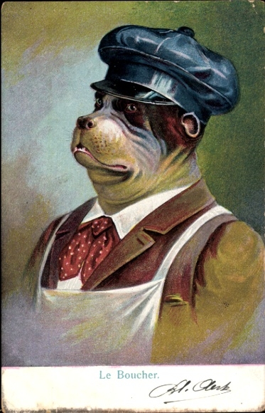 Artist Postcard The Butcher, humanized dog, cap, apron