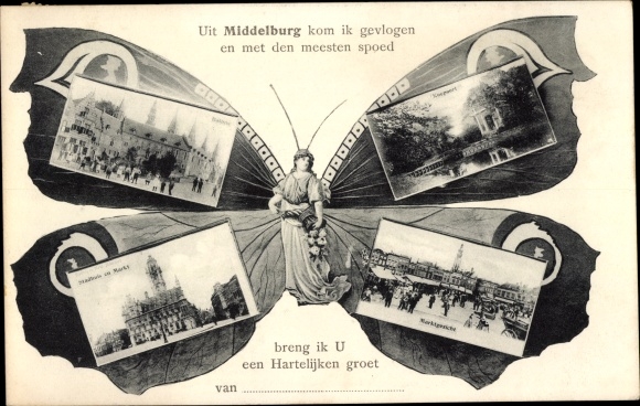 Butterfly KP Middelburg Zeeland Holandia, widok na rynek, ratusz, brama