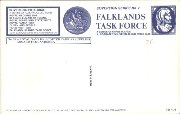 Postcard British aircraft carrier Canberra, Royal Navy Helicopter, Falklands Task Force