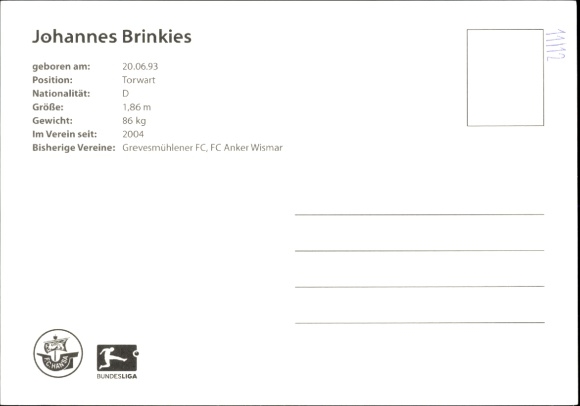 Autograph card footballer Johannes Brinkies, FC Hansa Rostock, autograph