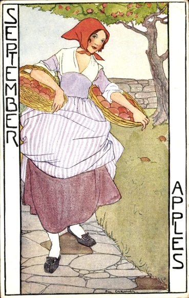 Artist Postcard Cramer, Rie, September, allegory, farmer, apples