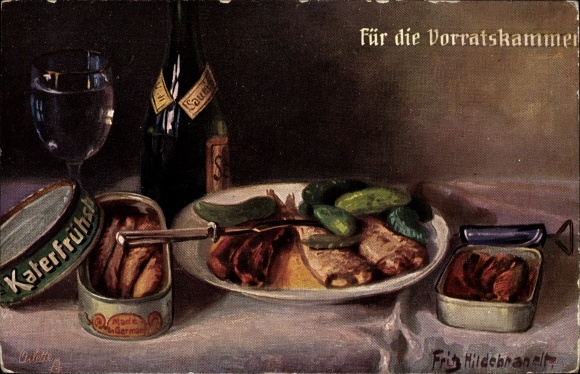 Kunstenaarskaart Hildebrandt, F., Voor de voorraadkast, eten, visblikken