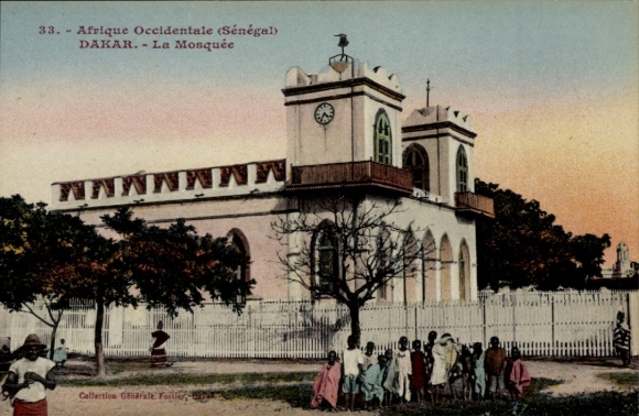 Postcard Dakar Senegal, mosque in Senegal, crowd, trees, fence
