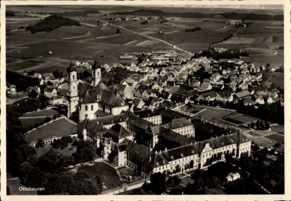 Postcard Ottobeuren in Upper Swabia Allgäu, aerial view of abbey and town view, rural surroundings