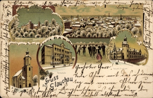 Winter Chromo-Litho Glauchau in Saxony, general view, church, secondary school, post office, castle