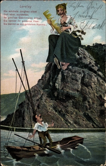 PC St. Goar am Rhein, caricature of the Loreley, man on boat
