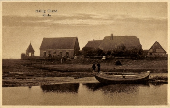 Ak Hallig Oland Noord-Friesland, kerk, boot