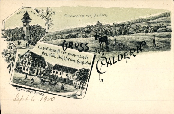 Chromo-Litho Caldern Lahntal near Marburg, general view, Rimberg Tower, inn at the Green Linden Tree