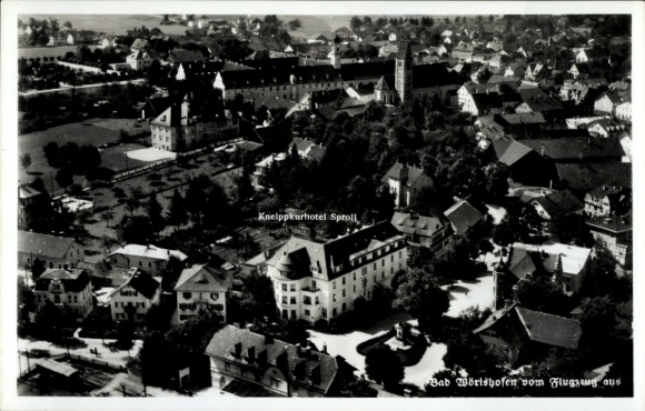 Postcard Bad Wörishofen in Unterallgäu, aerial view, Kneippkurhotel Sproll, surrounding houses, trees