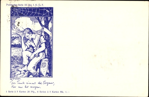 Artist Postcard Hedler, Worried Farmer, Scythe, The potion takes away the worries, but only until tomorrow