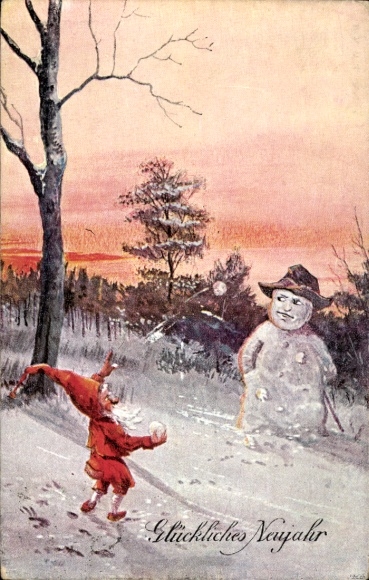 Ak Frohe Weihnachten, Zwerg wirft Schneeball auf einen Schneemann